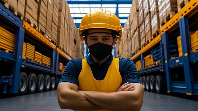 Warehouse Worker&rsquo;s Vigilance: A warehouse worker, masked for safety, stands proudly with crossed arms amidst rows of packed goods.
