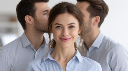 Fototapeta premium Smiling Woman with People Whispering Around Her