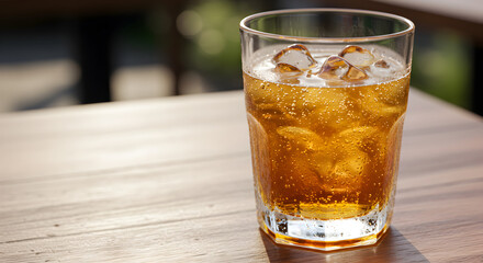 Refreshing Golden Drink With Ice Cubes on Wooden Table In Summer