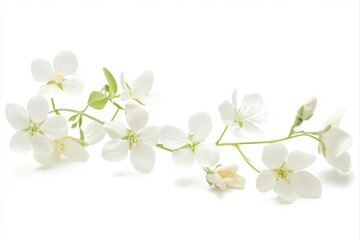 Fototapeta premium Delicate white flowers with green leaves, floral design element, wedding invitation, greeting card, and spring decoration uses.