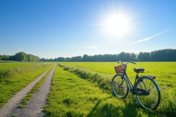 Vintage bicycle on a green field under the sun for travel and recreation uses.