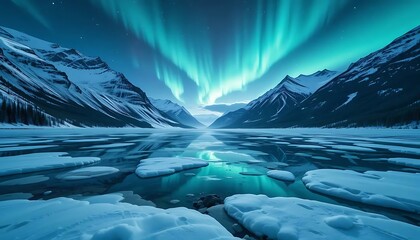 Fototapeta premium Majestic aurora borealis illuminates a serene landscape of snow-covered mountains and icy waters.