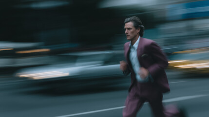 Action in the City: A determined figure sprints through a bustling city street, capturing the dynamism and energy of urban life with blurred motion effects.
