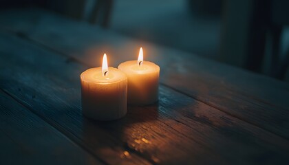 Two lit candles on a rustic wooden table.