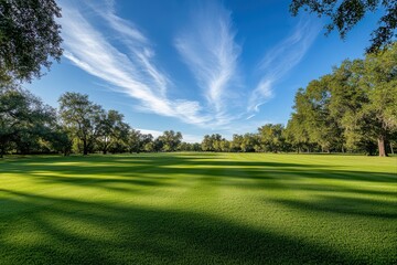 Obraz premium Lush green field under a bright sky with trees, ideal for recreation, sports, and scenic landscapes.