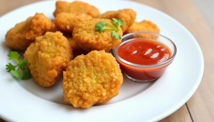 Homemade crispy fried chicken nuggets served with tomato sauce.
