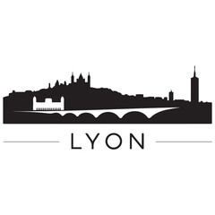 Naklejka premium Vector Lyon skyline. Travel Lyon famous landmarks. Business and tourism concept for presentation, banner, web site. Vector black silhouette. with white background