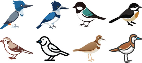   set of kingfisher silhouette line art vector Outdoor adventure solid icons – silhouette style hiking, camping, and nature symbols for explorers: hiking boot, trail sign, water bottle, net, 