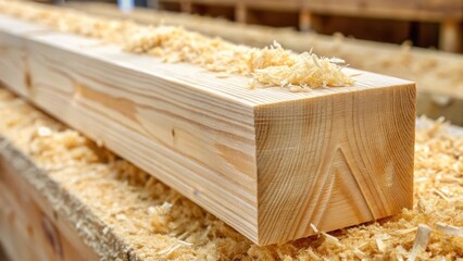 A close-up view of a wooden beam with sawdust fibers visible on its surface, woodworking