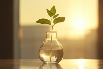 Seedling in a glass vase with water, illuminated by sunlight. use cases: botany, growth, nature, and home decor.