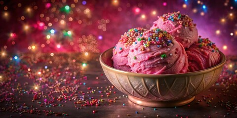 Pink Ice Cream Scoops with Sprinkles in a Golden Bowl Against a Festive Background of Blurry Lights