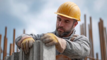 Construction Worker Building Wall Wearing Hard Hat and Gloves
