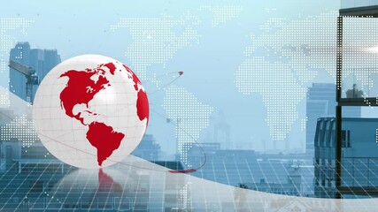 White 3D globe spinning above transparent grid plane, showing red orbital rings and dot map overlay - Powered by Adobe