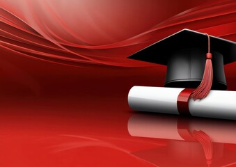 a graduation cap and diploma on a red background, symbolizing education Web banner with copy space Generative AI