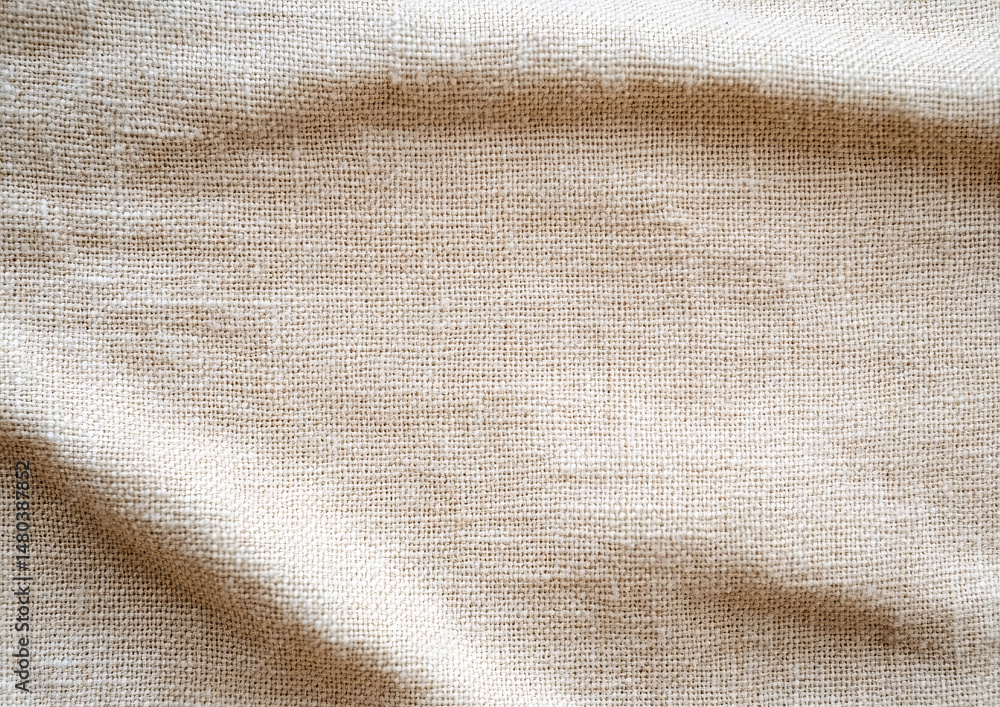 Poster closeup of textured beige linen fabric with soft shadows and subtle wrinkles