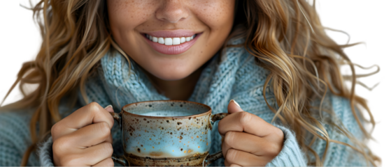 Woman enjoys warm drink winter.