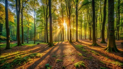 Warm sunlight filters through dense foliage of deciduous trees in a forest clearing, casting dappled shadows on the forest floor