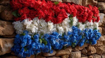 Vibrant floral arrangement on stone wall with red, white, and blue flowers