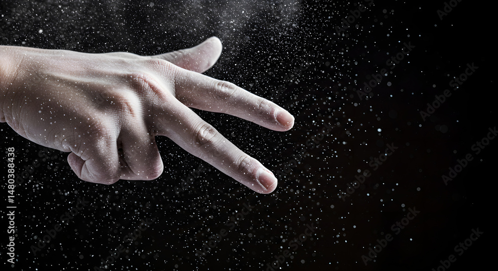 Aufkleber hand making a peace sign gesture with sparkling dust particles floating in the air against a dark ba