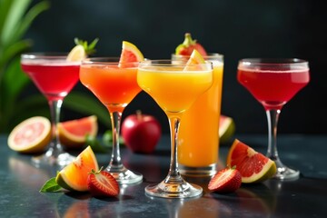 Fototapeta premium Collection of cocktail glasses with sliced fruits, fruitful, table setting, drink