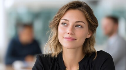 Woman Looking Upward During Meeting, Contemplative Expression