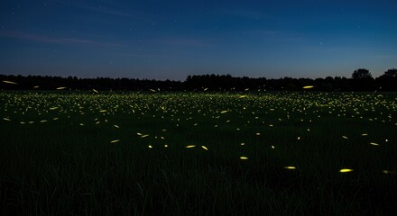 Fireflies in a field at night - photo