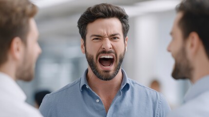 Fototapeta premium Man Screaming Loudly in Office with Coworkers