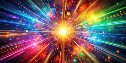 Naklejka premium A burst of colorful energy erupts from a central point in an abstract geometric background, with swirling particles dancing across the scene , abstract art, vibrant colors