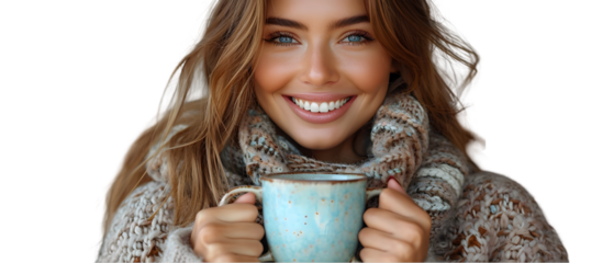 Woman enjoys warm drink with winter.