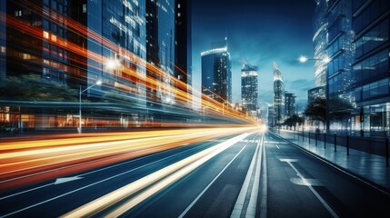 Fototapeta premium Light trails on the modern building background. Light trails at night in urban environment, Abstract Motion Blur City, traffic, transportation, street, road, speed.