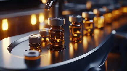 Medical vials on production line at pharmaceutical factory, Pharmaceutical machine working pharmaceutical glass bottles production line, health care, pandemic.