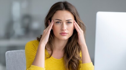 Fototapeta premium Woman Experiencing Headache Touching Temples at Desk