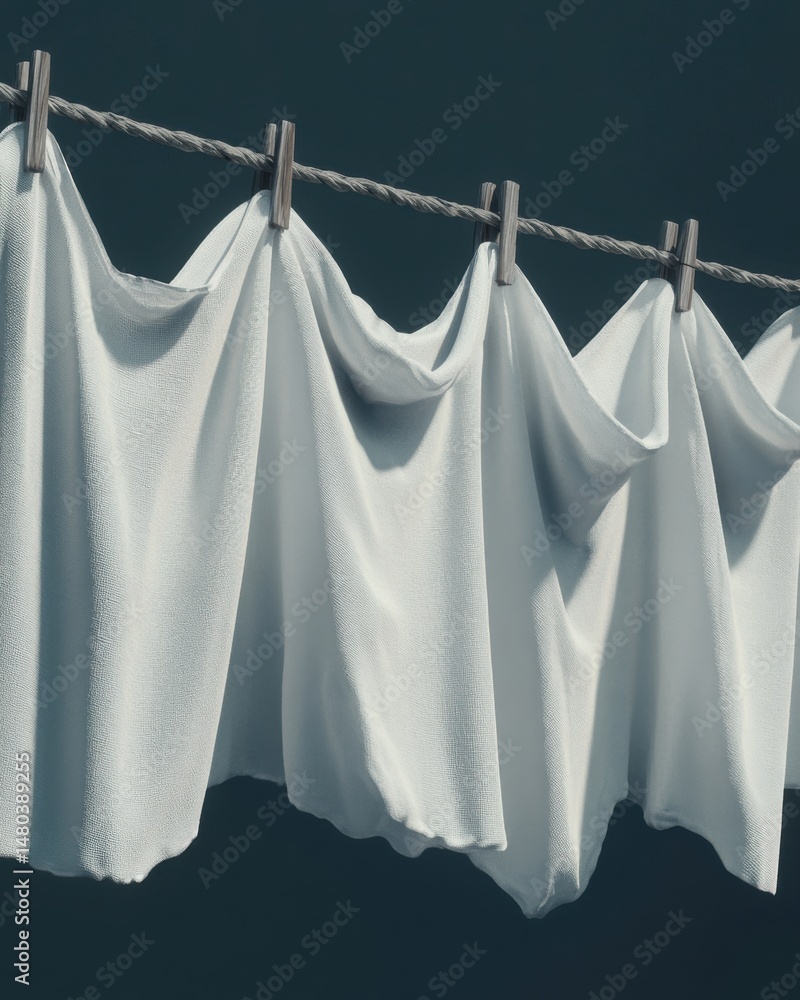 Poster soft, white fabrics drape gently on a clothesline against a deep teal backdrop, creating a serene an