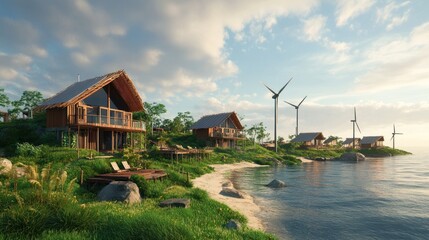 Eco-Friendly Resort, Sustainable Lodges with Wind Turbines by the Seaside