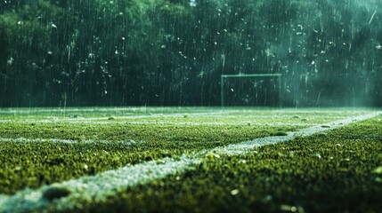 A rainy day on a soccer field with vibrant green grass and a misty atmosphere.