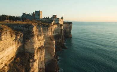 Coastal castle ruins at sunset