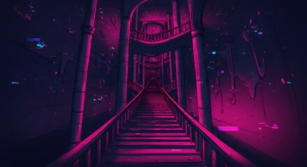 NeonLit Decaying Staircase in a Mysterious Abandoned Building