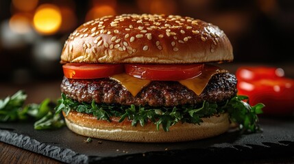 Delicious burger on a dark stone plate, warm lighting, blurred background