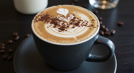 Delicious Cappuccino With Latte Art And Sprinkled Chocolate Powder On Top