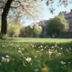 Sunny park scene with wildflowers in foreground, trees and buildings softly blurred in background