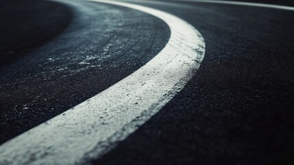 A close-up view of a curved road with white markings on a dark asphalt surface, creating a dynamic perspective.