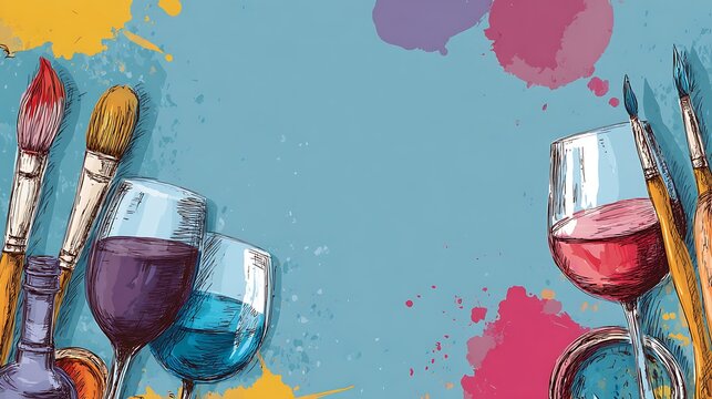 Art and wine night banner with paintbrushes, wine glasses, and creative splashes of color, ready to advertise summer sip and paint deals. .
