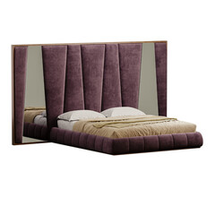 A bed with a purple headboard and a white pillow