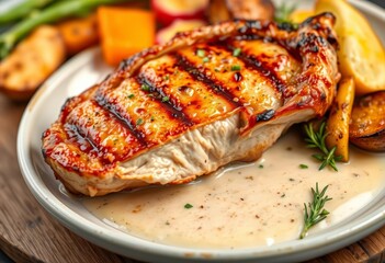 Juicy grilled pork chop, roasted vegetables, creamy sauce, pepper, gourmet