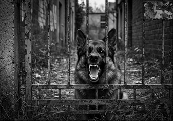 A powerful dog stands aggressively behind a rusted metal gate in a dilapidated urban setting. 