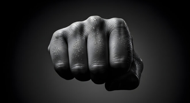 Close-up of a clenched fist with droplets of water on skin, showcasing strength and determination against a dark background, symbolizing power and resilience in challenging situations