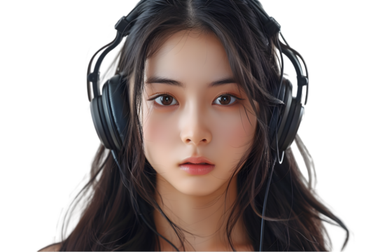 Woman Headphones Music Portrait Studio. - Powered by Adobe