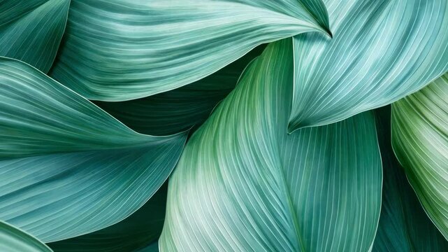 Abstract background of large green leaves with prominent parallel venation, vivid color
