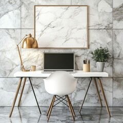 Modern home office setup with marble background featuring laptop desk chair lamp and plant in daylight