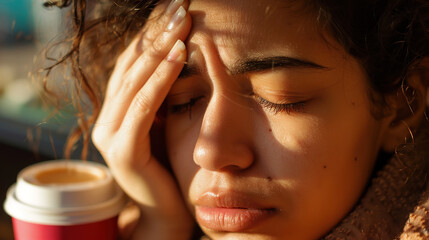 Obraz premium Exhausted young woman rubbing tired eyes with visible dark circles and messy hair, feeling sleepy and fatigued at home or office. Stress, insomnia and burnout concept.